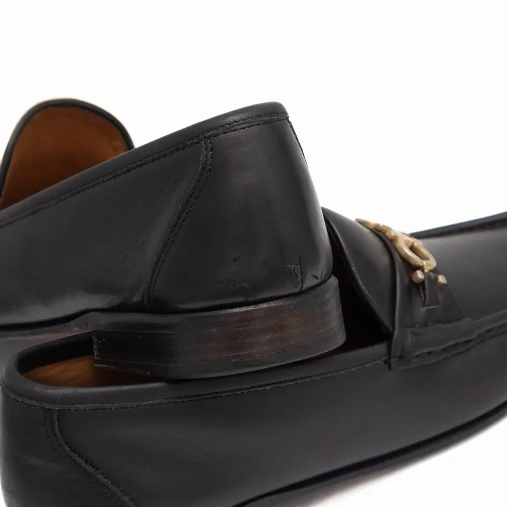950$ SALVATORE FERRAGAMO Black Leather Gold Gancini Bit Loafers US 10.5 D